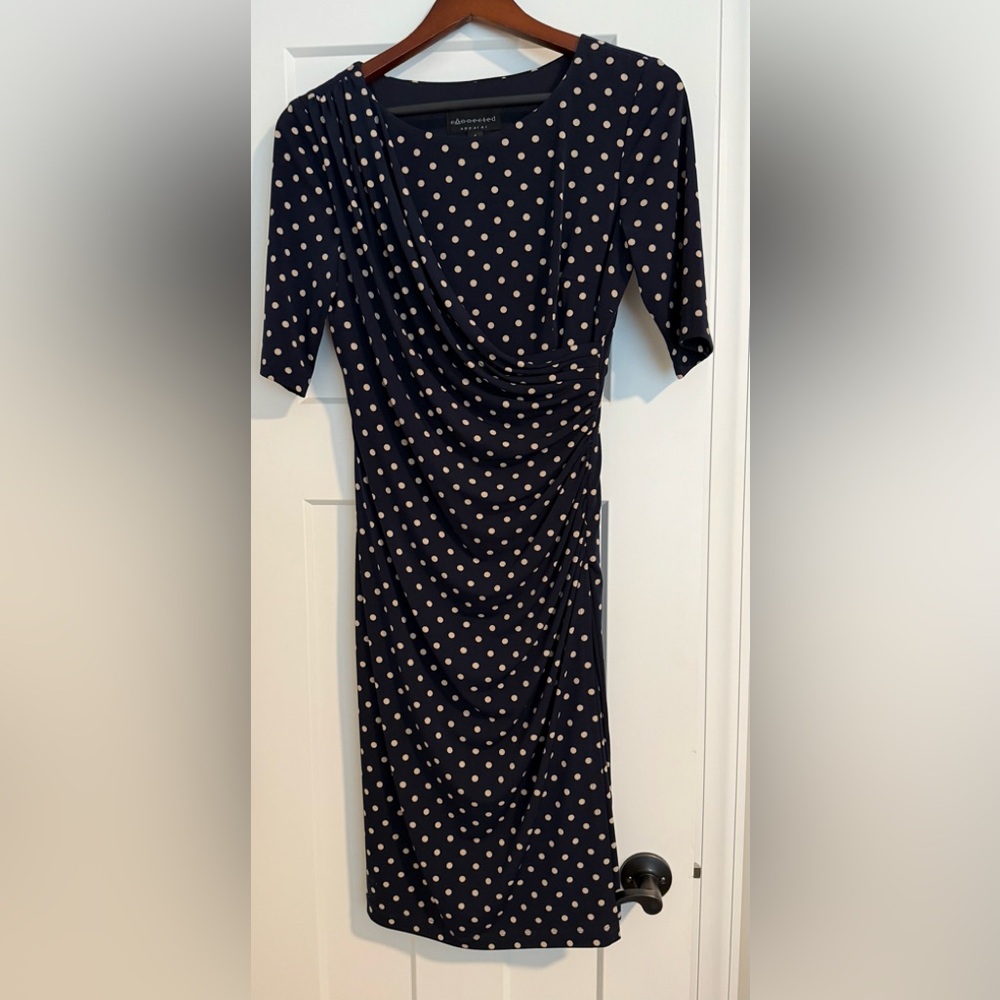 Connected Apparel Navy Polka Dot 3/4 Sleeve Midi Dress Size 6